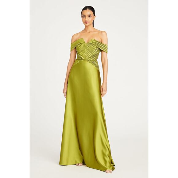 Theia Venus Pleated Off-Shoulder Drape A-Line Gown Peridot Size 0 NWT - Picture 1 of 15